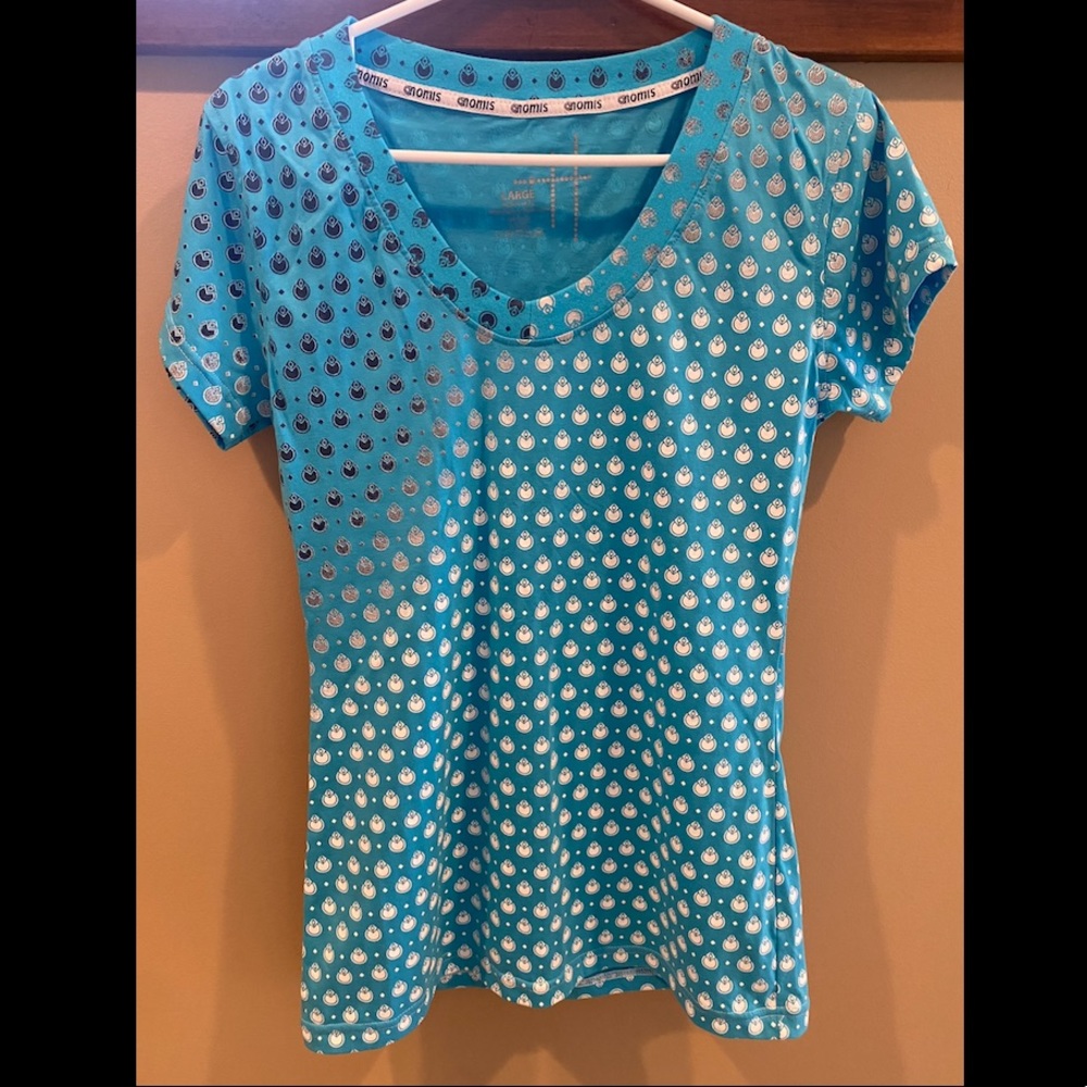 Nomis women’s tshirt. Blue with black & white print. Large